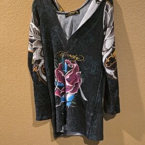 ED HARDY Graphic Hoodie Long Sleeve Top with Rose Design EUC